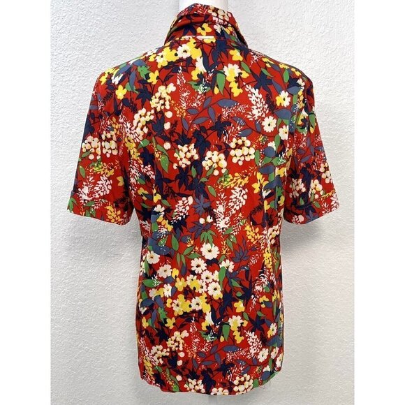 VTG 1970s CENTER STAGE Womens SMALL Red Floral Polyester S/S Button-Up BLOUSE - Picture 2 of 8